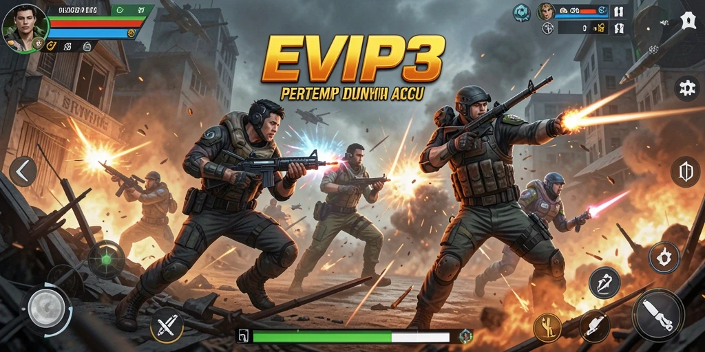 Screenshot menunjukkan gameplay intens penuh aksi dari EVIP3.
