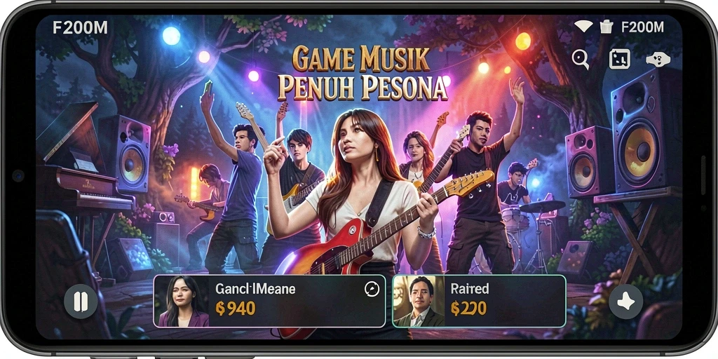 Screenshot F200M menampilkan gameplay musik yang seru dan interaktif.