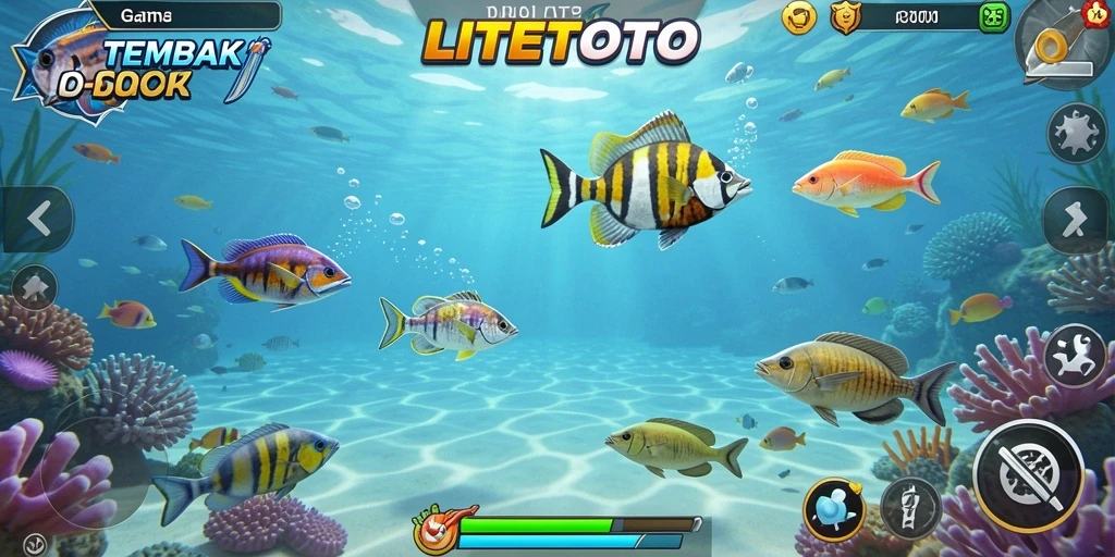 Tampilan gameplay LITETOTO dengan aksi menembak ikan.