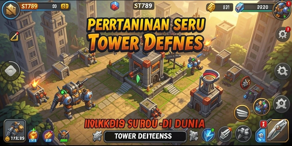 Screenshot gameplay ST789 dengan serangan menara Tower Defense.